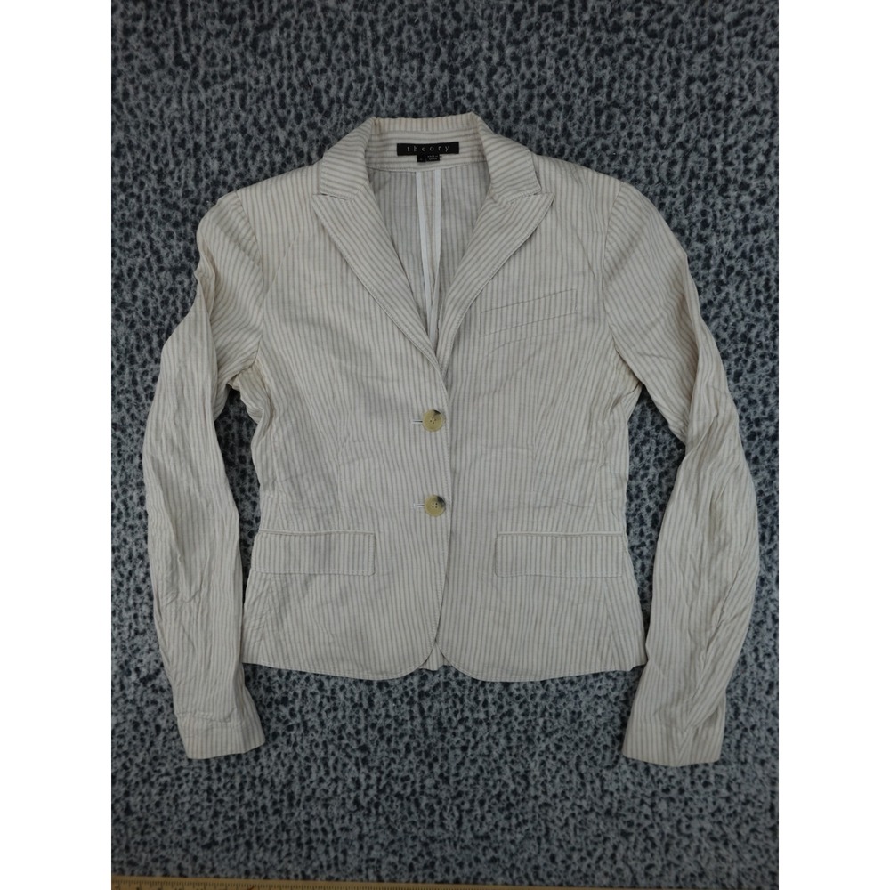 Theory Blazer Womens 4 Beige Pinstripe Cotton Linen Two-Button Professional Coat